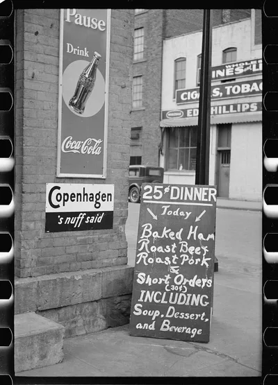 Menu outside restaurant, La Crosse, Wisconsin, 1939