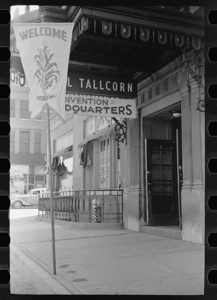 Welcoming banner during convention, Marshalltown, Iowa, 1939