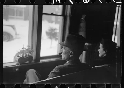 Guests in hotel lobby watching snowstorm, Chillicothe, Ohio, 1940