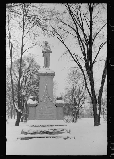 Statue in park after snowstorm, Chillicothe, Ohio, 1940