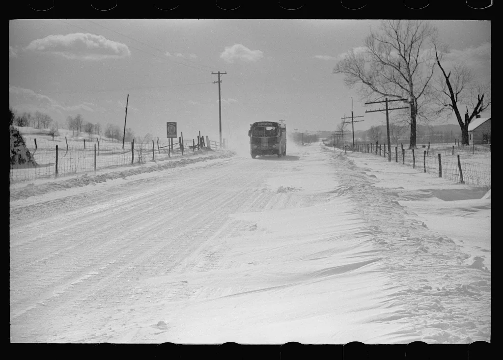 Ross County, Ohio. Bus on U.S. Highway snow drifted, 1940