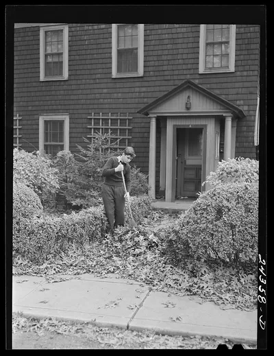 Photograph from 1941: Sweeping fallen leaves in the suburbs. New York…