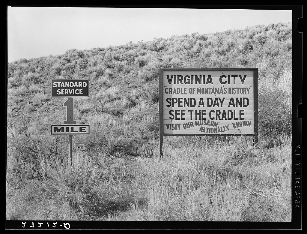 Signs on road to Virginia City, Montana, 1939