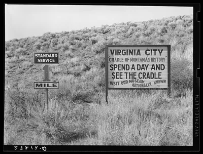 Signs on road to Virginia City, Montana, 1939