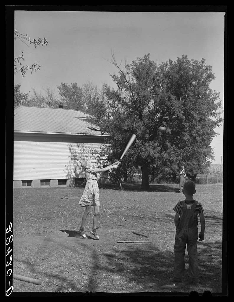 Pupils of one room school house playing ball during recess. Grundy…, Iowa, 1939