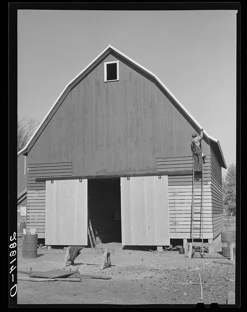 Painting a new corn crib. Grundy County, Iowa, 1939