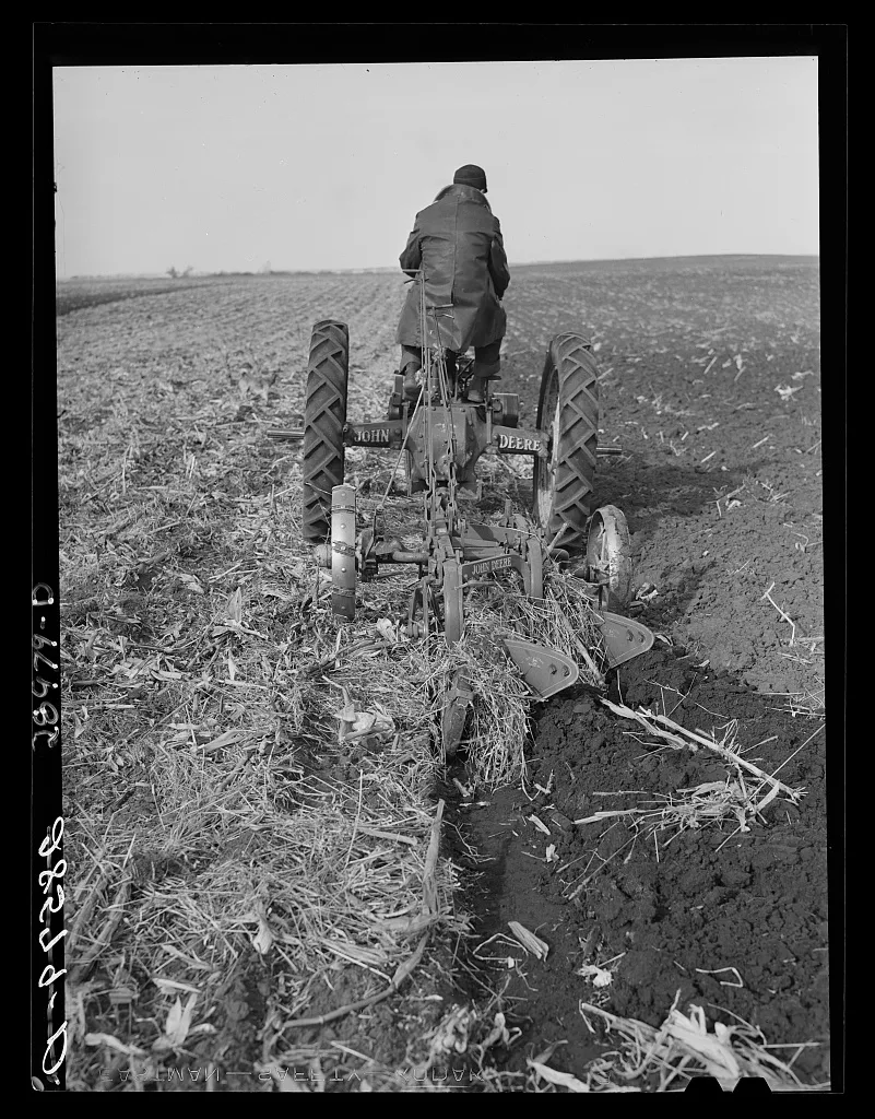 Fred Wilfang, rehabilitation client, does his fall plowing. Black…, Iowa, 1939