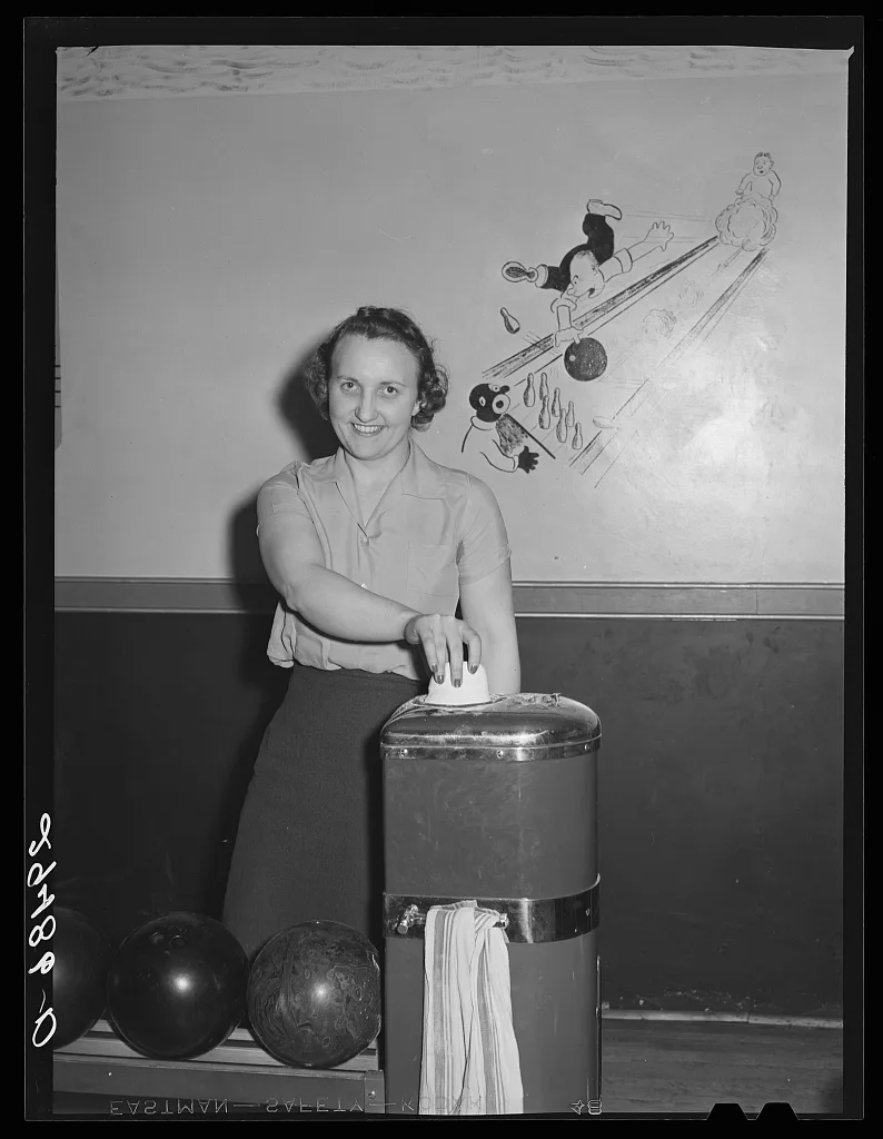 [Untitled photo, possibly related to: Girl in bowling alley. Clinton,…, Indiana, 1940