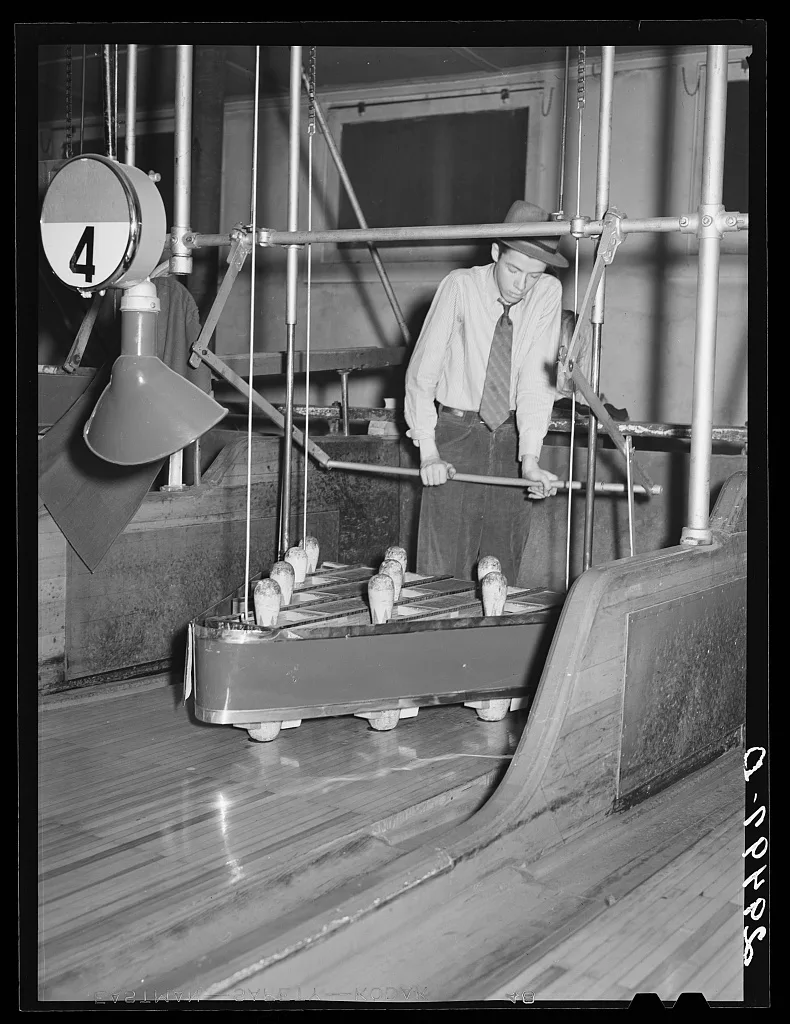 [Untitled photo, possibly related to: Pin boy in bowling alley.…, Indiana, 1940