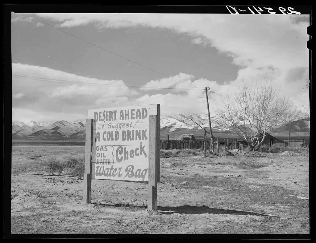 Sign on road leading to Great Salt Lake Desert. Utah, 1940