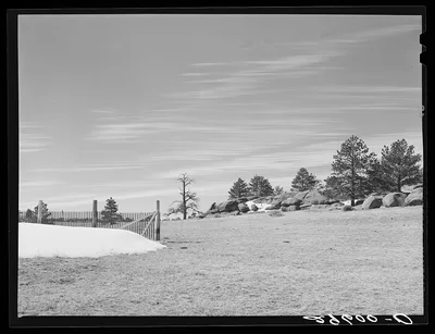Snow fence and rocks. Laramie County, Wyoming, 1940