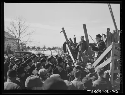 [Untitled photo, possibly related to: Auctioning farm equipment at…, Nebraska, 1940