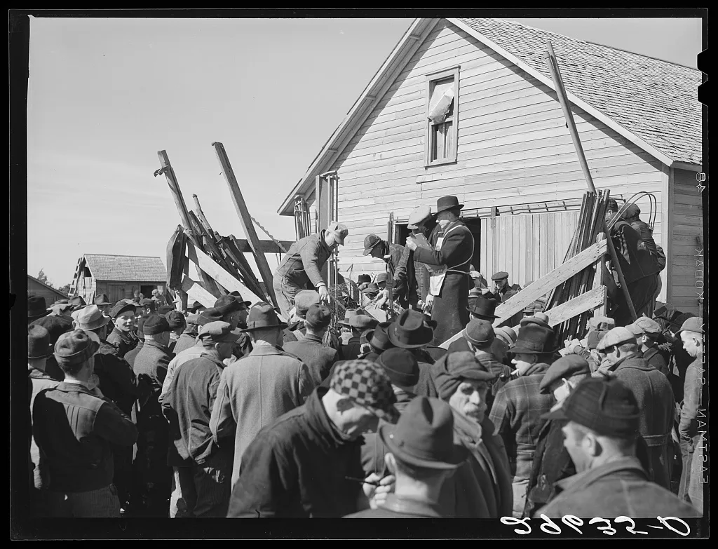 [Untitled photo, possibly related to: Auctioning farm equipment at…, Nebraska, 1940