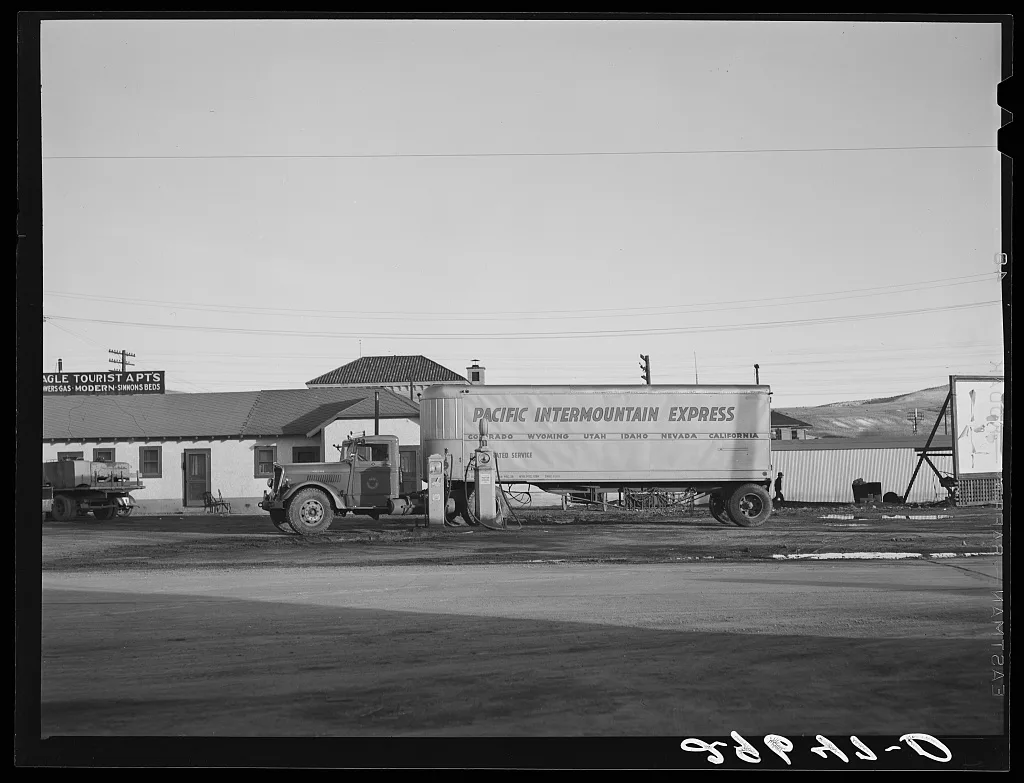 Trailer truck at gas station. Elko, Nevada, 1940