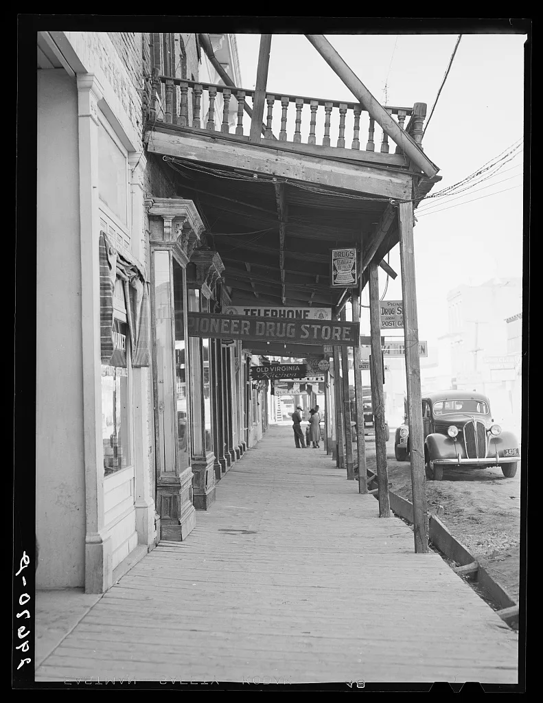 Stores on main street. Virginia City, Nevada, 1940
